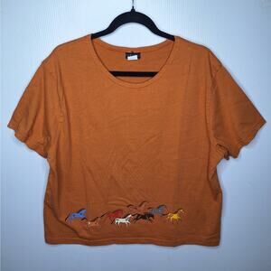 Sabaku Stampede Horse T-shirt Women XL Painted Pony Southwestern Artsy Boxy Rust